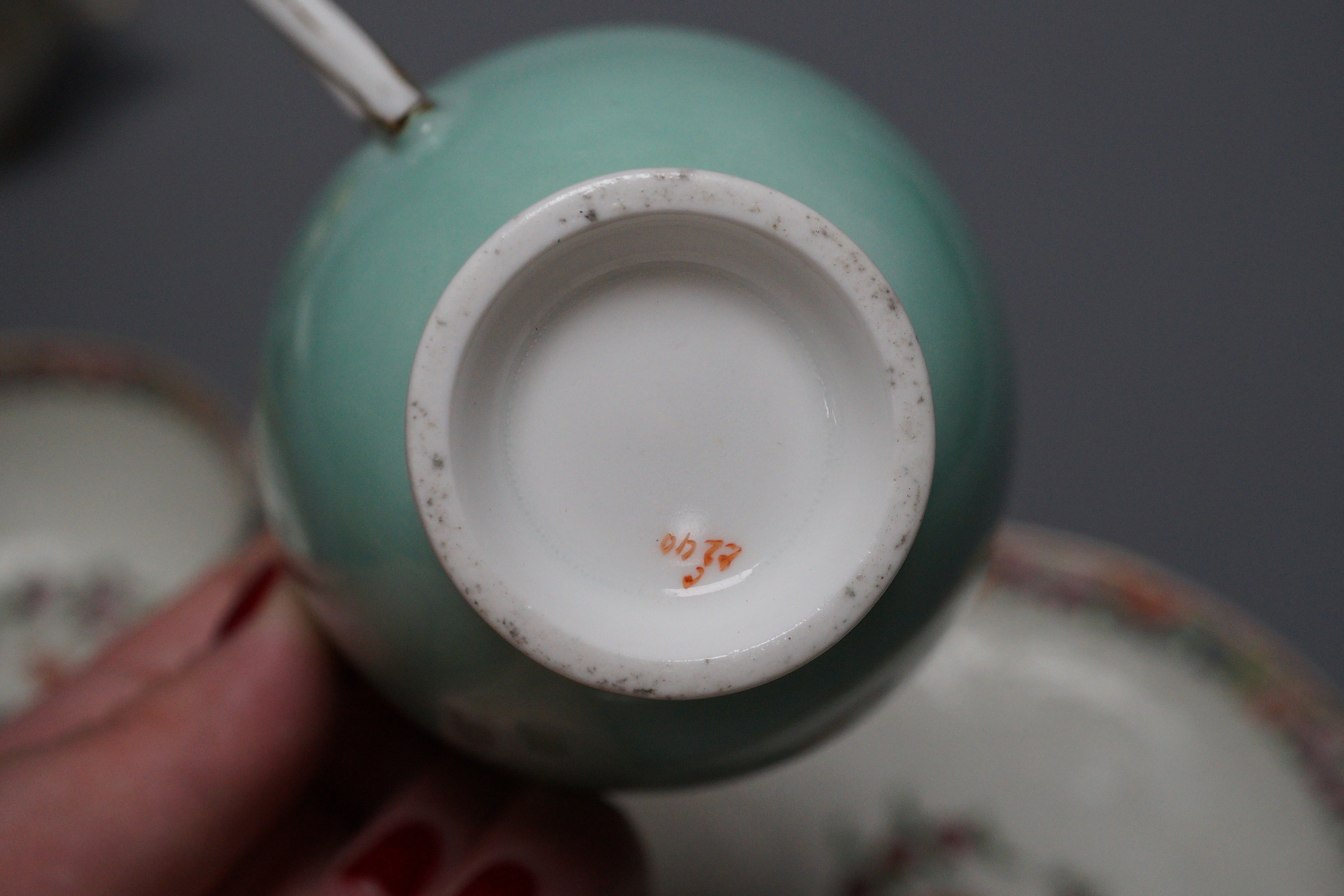 A small bone china pot pourri, possibly Spode, a relief moulded teacup and saucer, and three cups